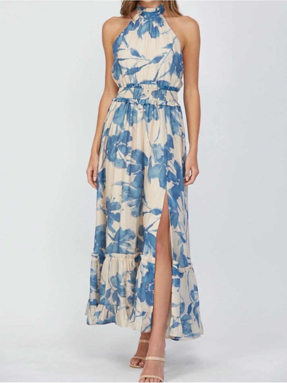 Fate Blue Floral Halter Maxi Dress on Cream